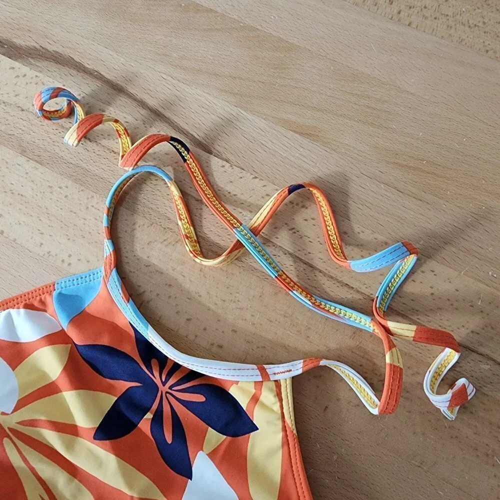 Hobie Swimsuit Halter Top High Neck Bikini Top Tropical Flower Hawaiian Print 14